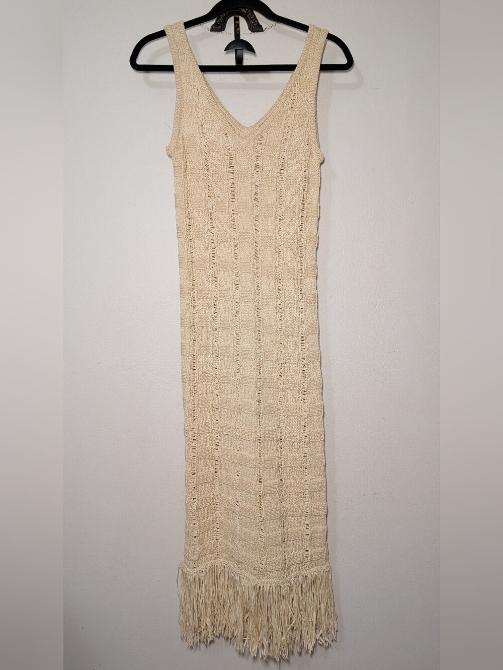 J Crew Fringe Trim Sweater Dress Cream Sleeveless Boho Cottagecore Minimalist XS